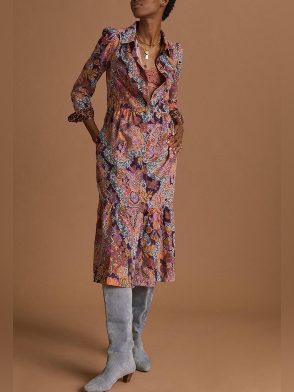Anthropologie Pilcro Flounced Corduroy Paisley Midi Boho Dress Small
